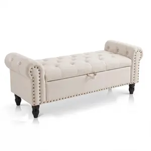 Upholstered Storage Bench for Bedroom - 51in End of Bed Bench with Button Tufted Design, Rolled Arms & Safety Hinge - Linen and Cotton Ottoman for Bedroom or Entryway