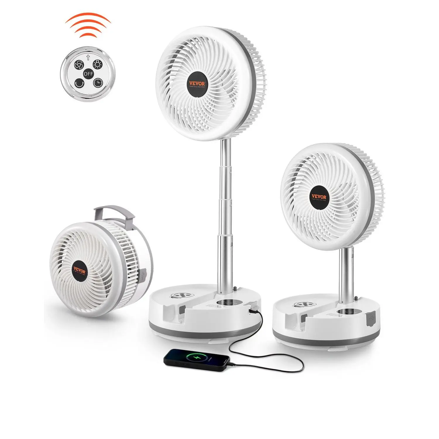 VEVOR 10-in Portable Foldable Rechargeable Oscillating Fan with Foldable Stand, 3-in-1 Battery Operated, Remote Control, 9 Speeds, 90-Degree Auto Left/Right Oscillation, Quiet Desk Cooling Fan for Home, Office