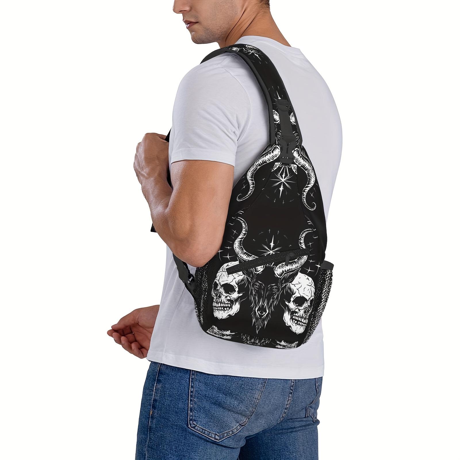 Fashionable And Durable Crossbody Chest Bag Featuring a Baphomet Design with Two Skulls, Perfect for Hiking, Shopping, Leisure Travel, Or As a Beach Bag. This Large-Capacity Backpack Is Also Suitable for Fishing And Makes a Great Accessory for Hallo
