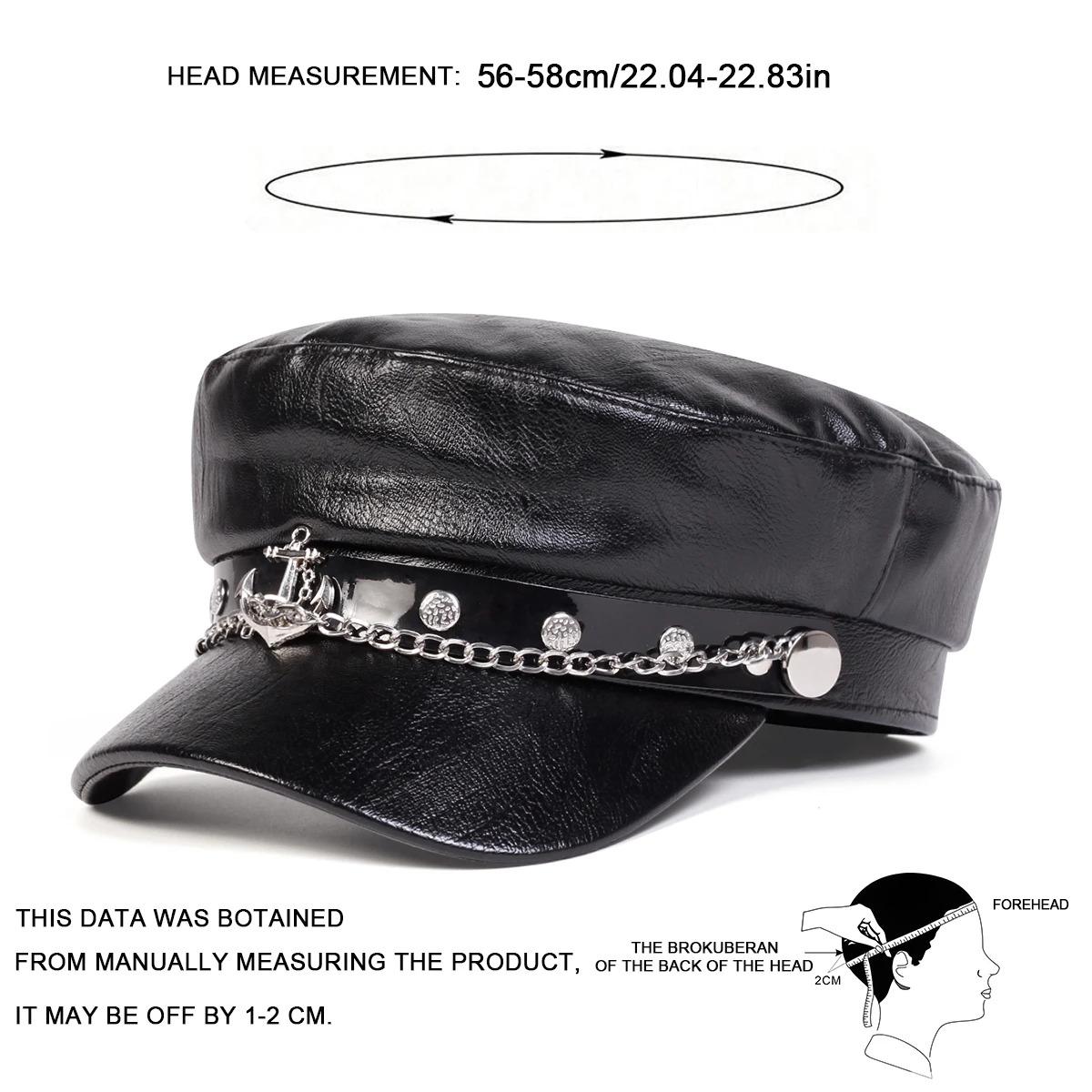Unisex Ship Anchor Chain Buckle Leather Hat Spring Autumn Sailor Hats Black Beret Cap Men Flat Top Captain Military Caps