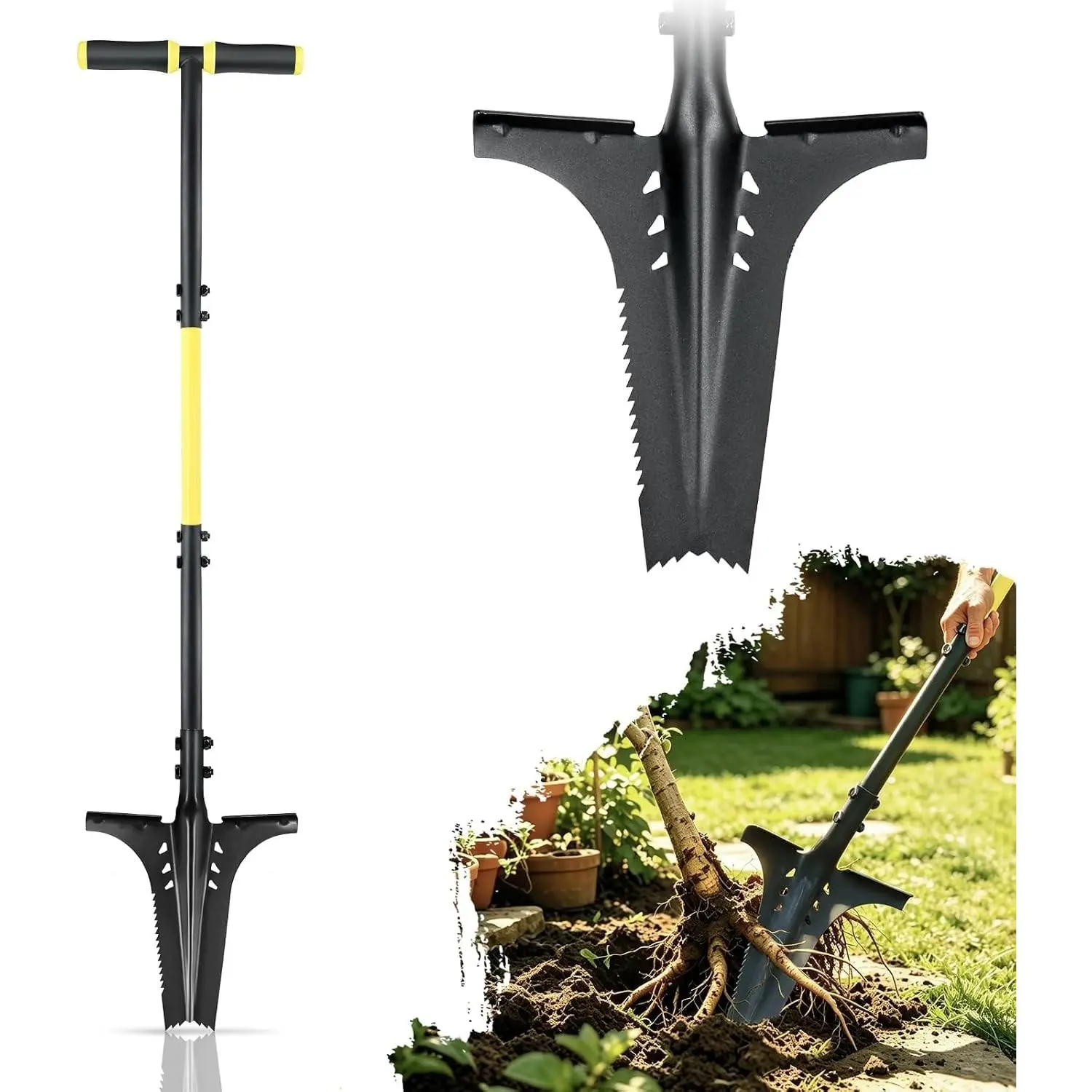 Thickened Root Shovel, 45 Inch Serrated Digging Spade | High Carbon Steel Blade| Serrated Cuts Roots Easily| Thickened Tension-tested Joint| Ideal for Trenching Landscaping Camping