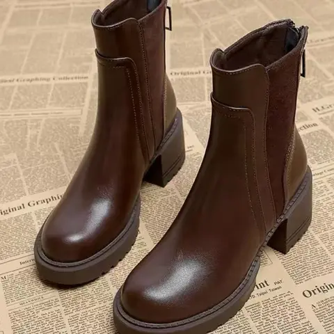 Vintage Faux Leather Chelsea Boots for Women, Faux Suede Patchwork Design, Back Zipper, Chunky Heel, Fall & Winter Casual Shoes, Rubber