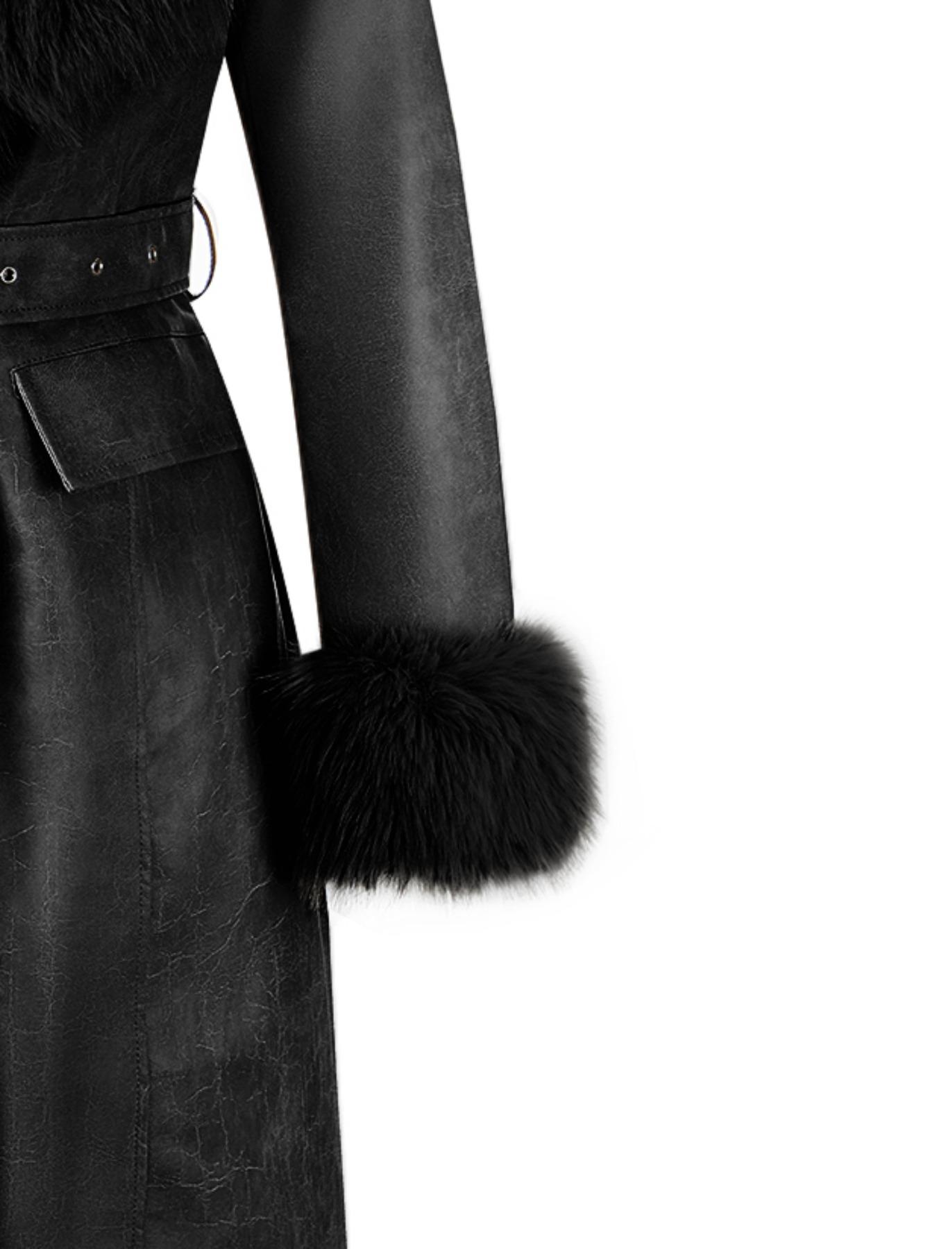 Women's Fall Winter Long Windproof Waterproof Jacket Coat, Comfortable Soft Faux Fur Collar, Thick PU Leather, Slim Fit with Belted Design Outerwear