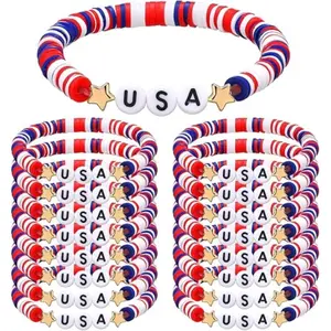 24Pcs USA Bracelets Bulk 4th of July Accessories Red White and Blue Polymer Clay Beaded Stretch Bracelets for Women USA Jewelry Independence Day 4th of July Patriotic Party Favors Gifts