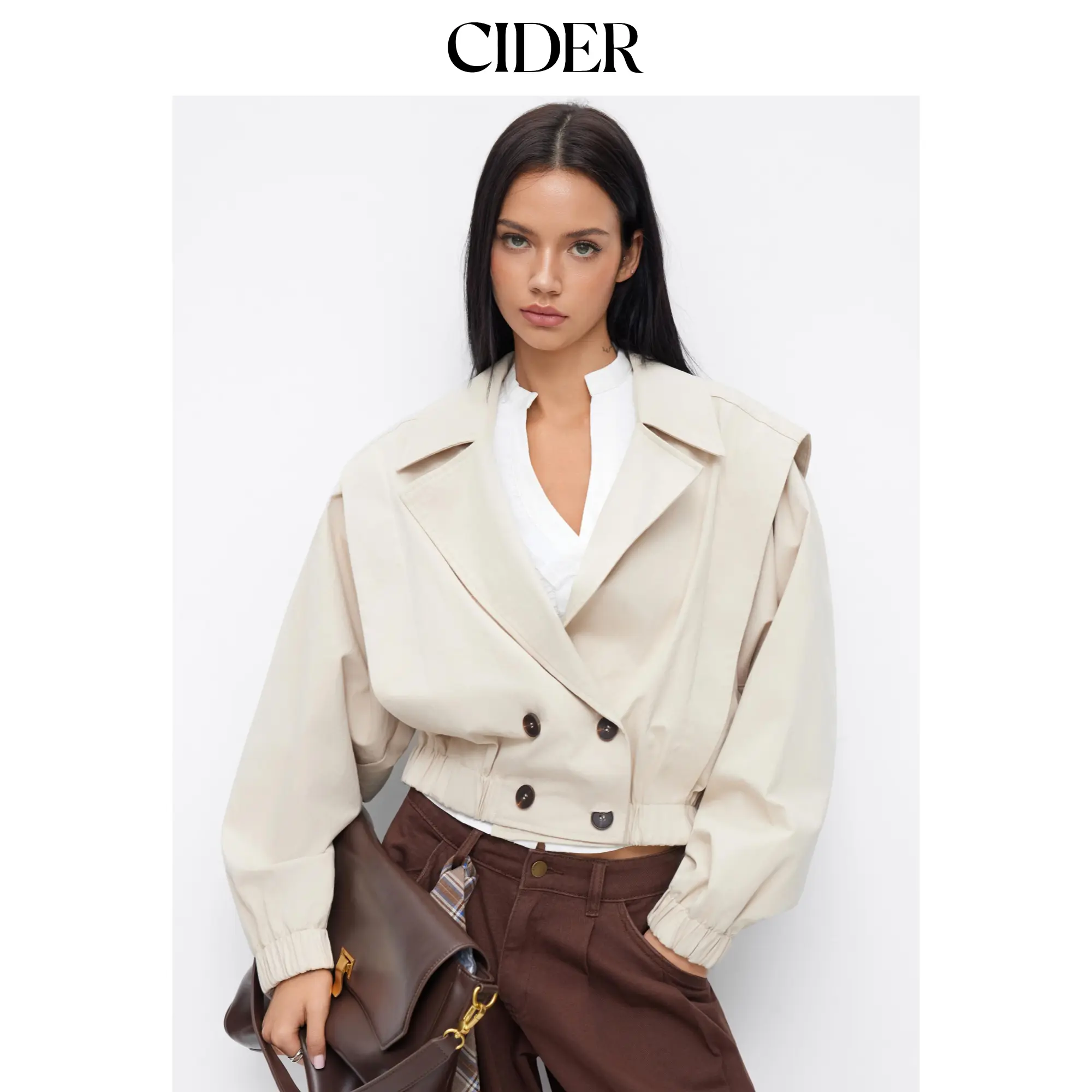 Cider Cotton Notched Collar Double Breasted Elastic Waist Cropped Jacket SohoChic