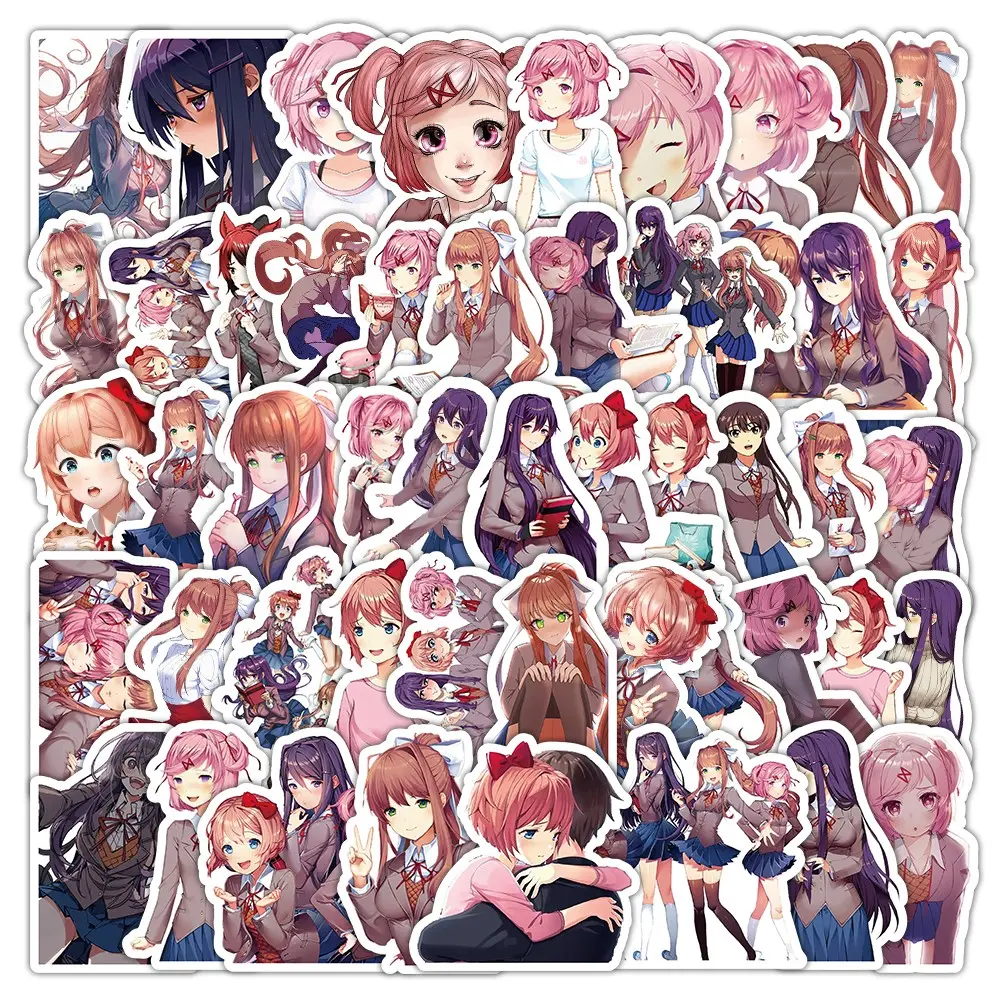 50pcs  Heartbeat Literature Club Fan Sticker Pack, Cartoon Game Decals, Scrapbook Stickers for Water Bottles, Guitars, Scooters, DIY Notebooks, and Journals