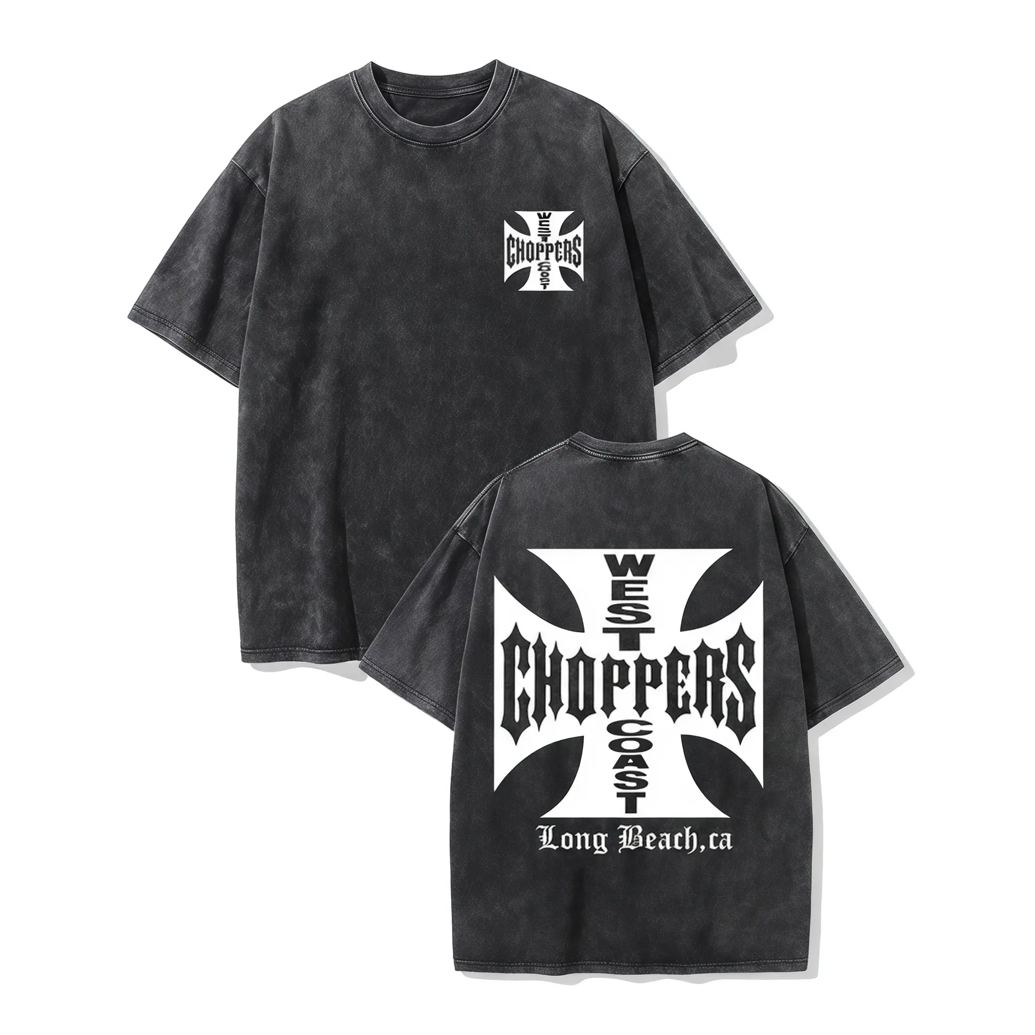 Double Side West Coast Choppers Long Beach Iron Cross Logo Washed Black Crew Neck Short Sleeve Unisex Top, Casual Daily Outfit T-Shirt For Chopper Bike Fans Men And Women graphic tees