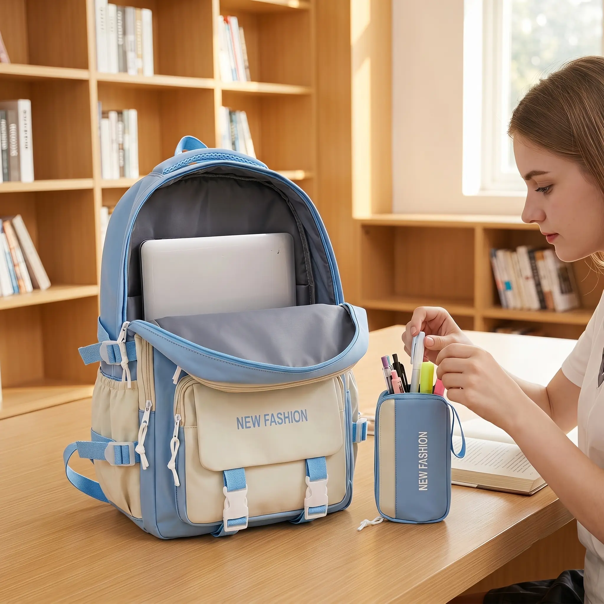 Large Capacity School Backpack Set For Girls Stylish Color Block Design 4 Piece Set Includes Handbag Tutoring Bag Fits 15 Inch Laptop Breathable Polyester Comfortable Cushioned Straps Urban Minimalist Spring