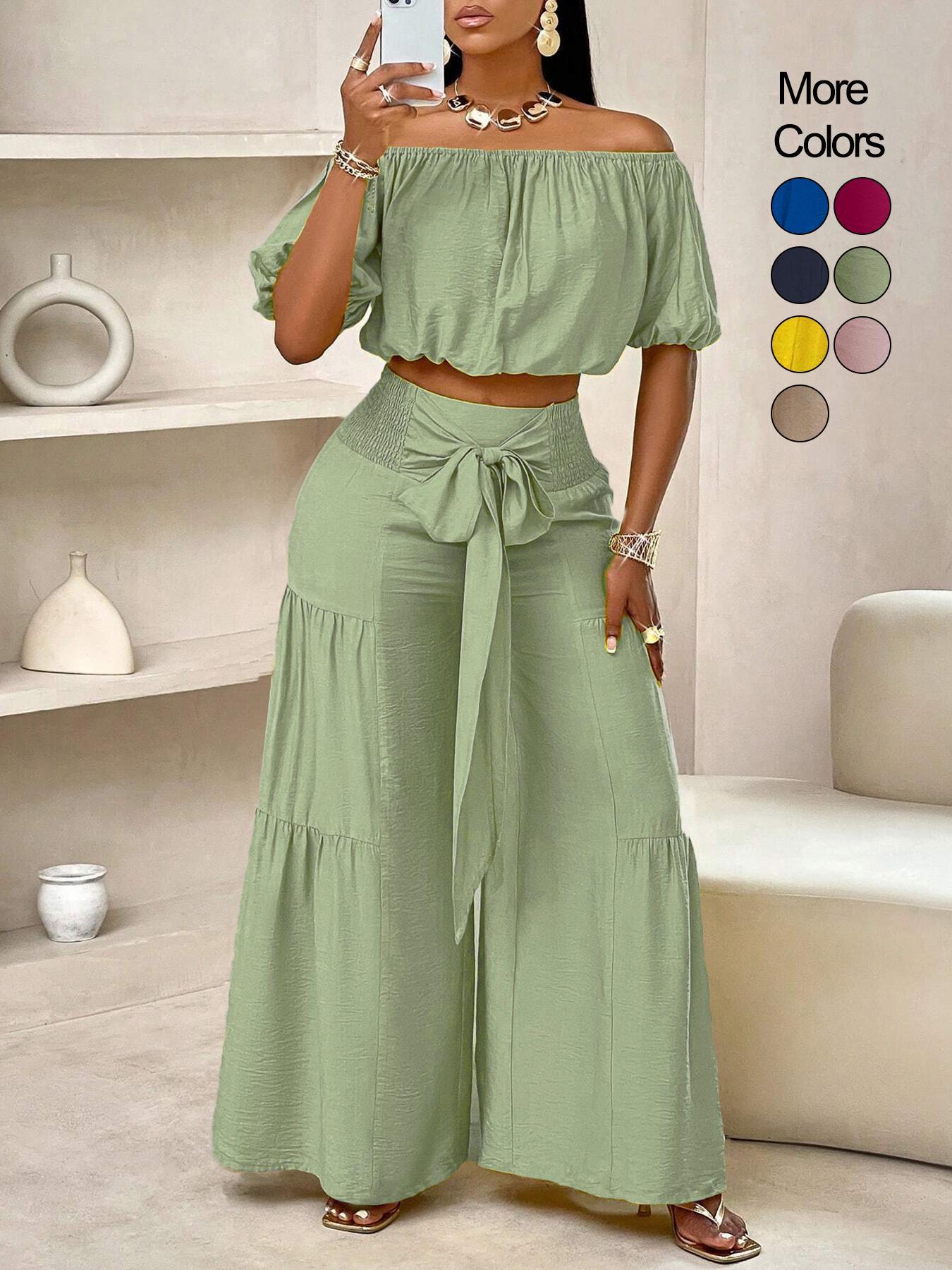 Summer Beach Vacation Bow Shoulderless Round Neck Shirt Wide Leg Pants Set, Casual Loose-Fitting, Women's Fashion, Womenswear Summer Beach Vacation Bow Shoulderless Round Neck Shirt Wide Leg Pants Set, Casual Loose-Fitting, Women's Fashion, Womenswear