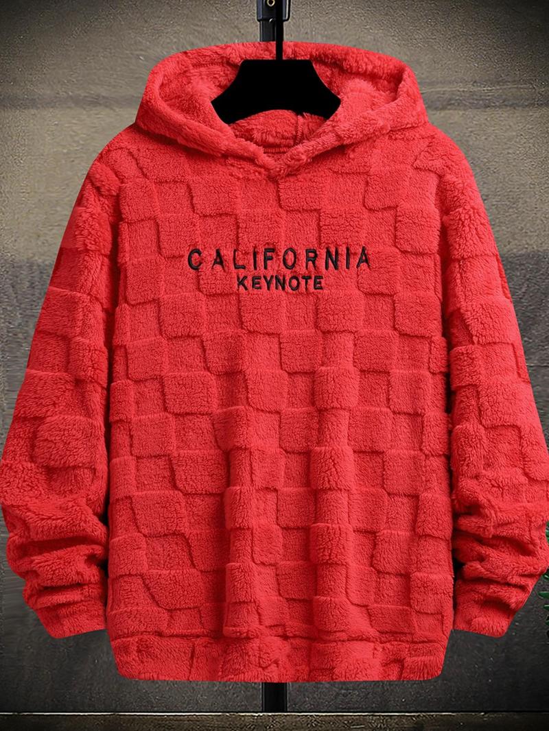 Men's Letter Embroidery Drop Shoulder Fuzzy Hoodie, Regular Fit Casual Fashion Fabric Long Sleeve Hooded Sweatshirt for Spring & Fall, Mens Clothing, Fashion Men's Longsleeves Clothes for Daily Wear, Streetwear, Trendy Clothes