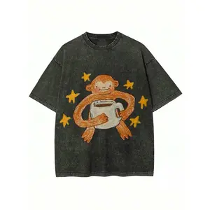 Distressed Black Mineral Washed Tee Men Women Hand Drawn Funny Monkey Coffee Star Graphic Oversize Y2K Short Sleeve T Shirt