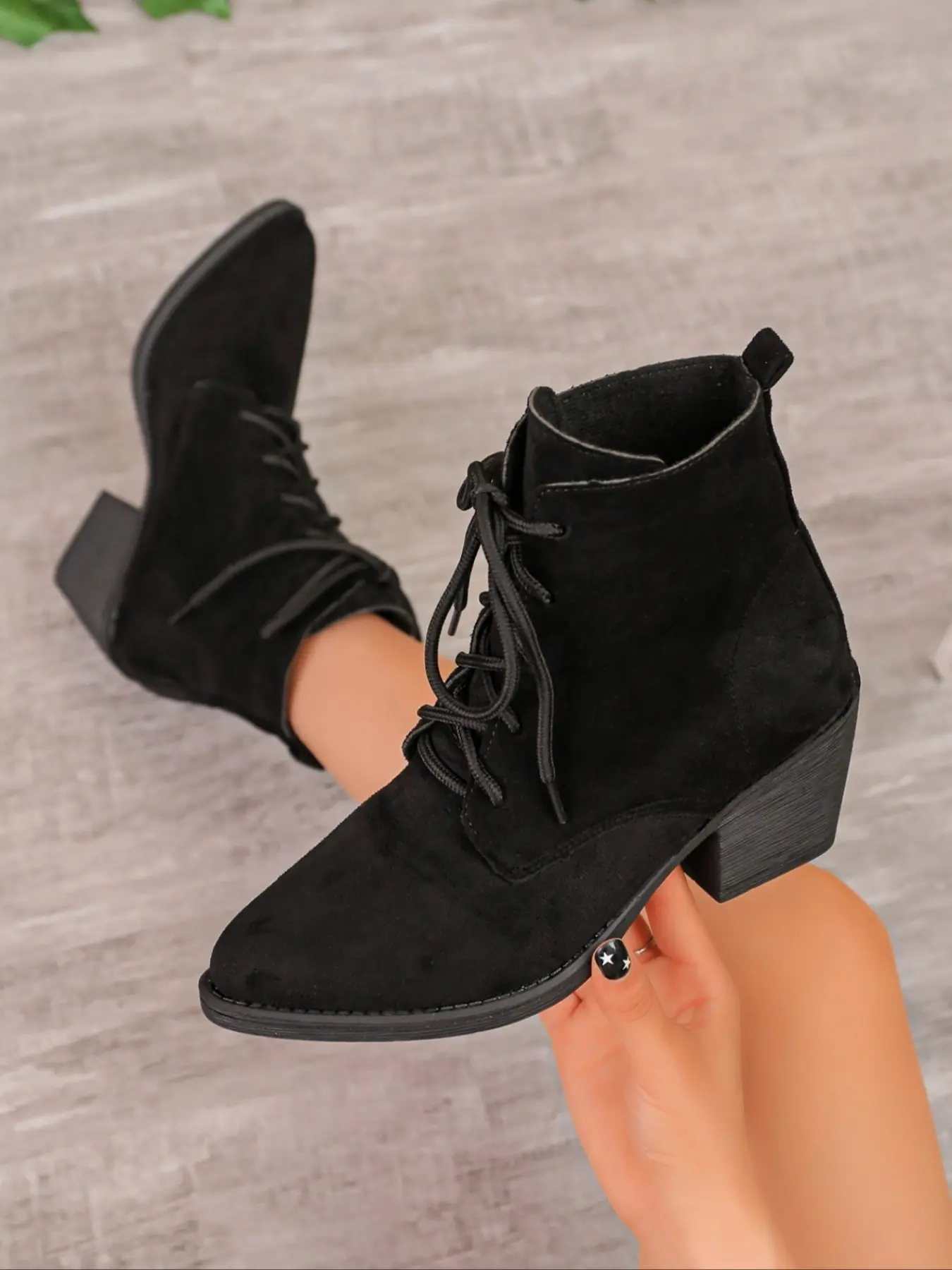 Women's Pointed Toe Suede Lace Up Ankle Boots, Low Block Heel Short Booties, Casual Western Ankle Boot, Match Jeans And Dresses