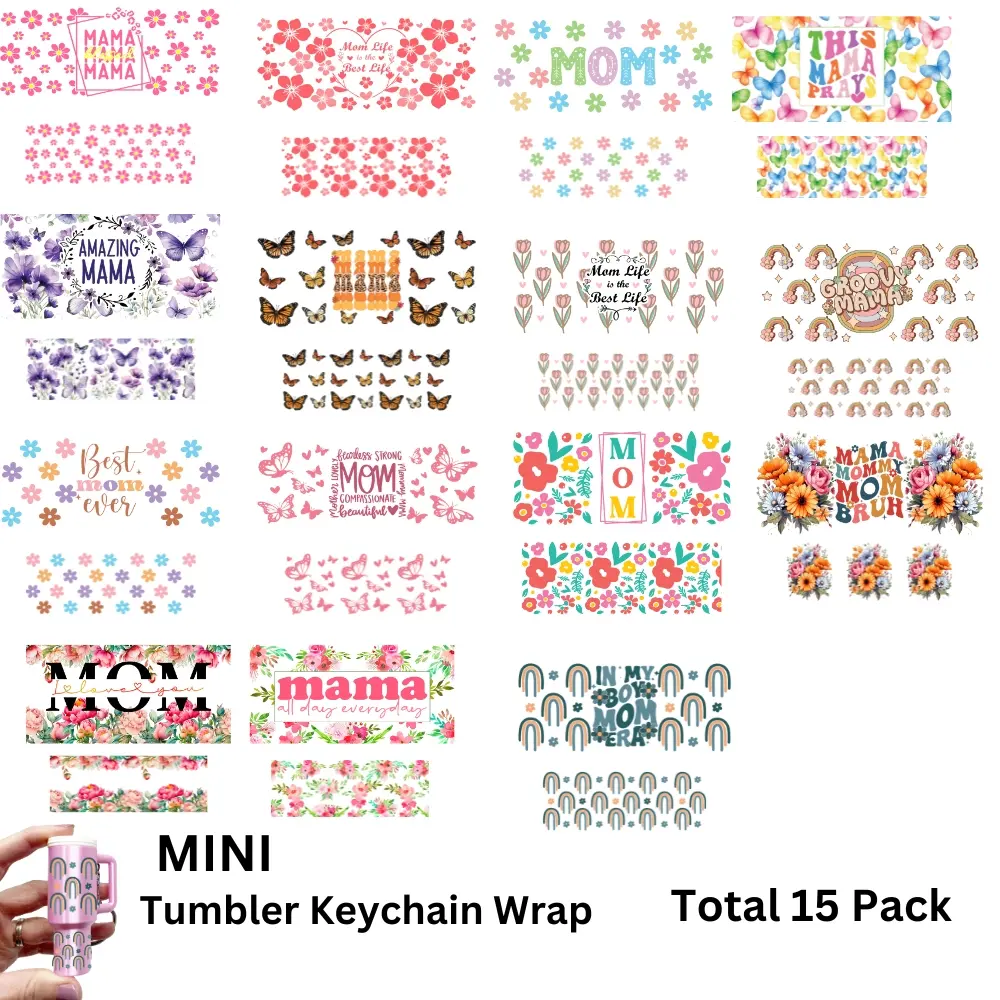 15 Mini UV DTF Transfer Stickers, Creative Mom Flower Design, 3D Glossy Finish, Crystal Plastic Surface, DIY Keychain Stickers, Party Gifts