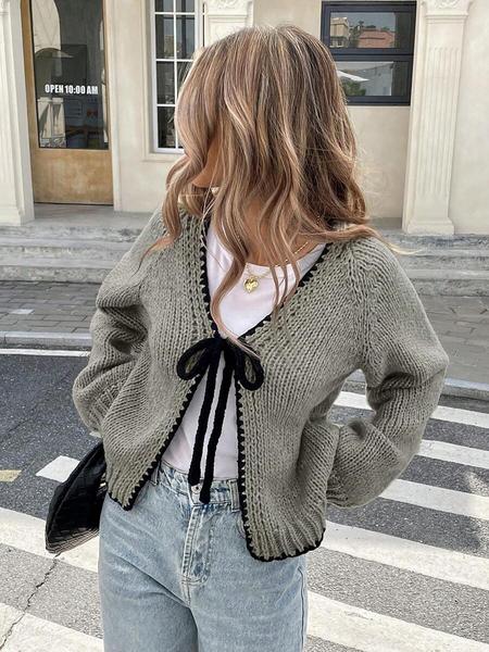 New Contrast Color Knitted Cardigan with Self-Tie Long Sleeves, Stylish Casual Knit Sweater Jacket for Women, Unique Design for Everyday Looks