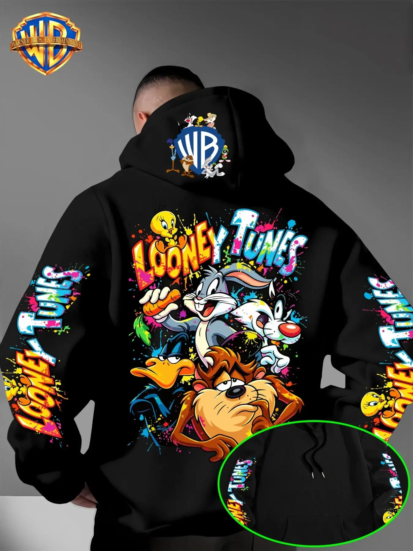 Warner Bros Men's Classic Looney Tunes Hoodie, Bright Cartoon Print, Casual Loose-Fit Long Sleeve Streetwear for All Seasons