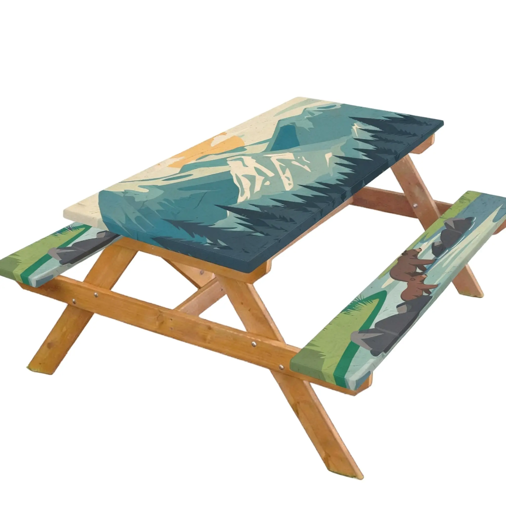 72x30 in 3-Pack Elastic Waterproof Rectangle Picnic Table & Bench Cover Set - 2 Nature-Themed Mountain Prints, Removable Decorative Sun Protection Country Rustic Cabin Farmhouse Decor for Garden Holiday Events