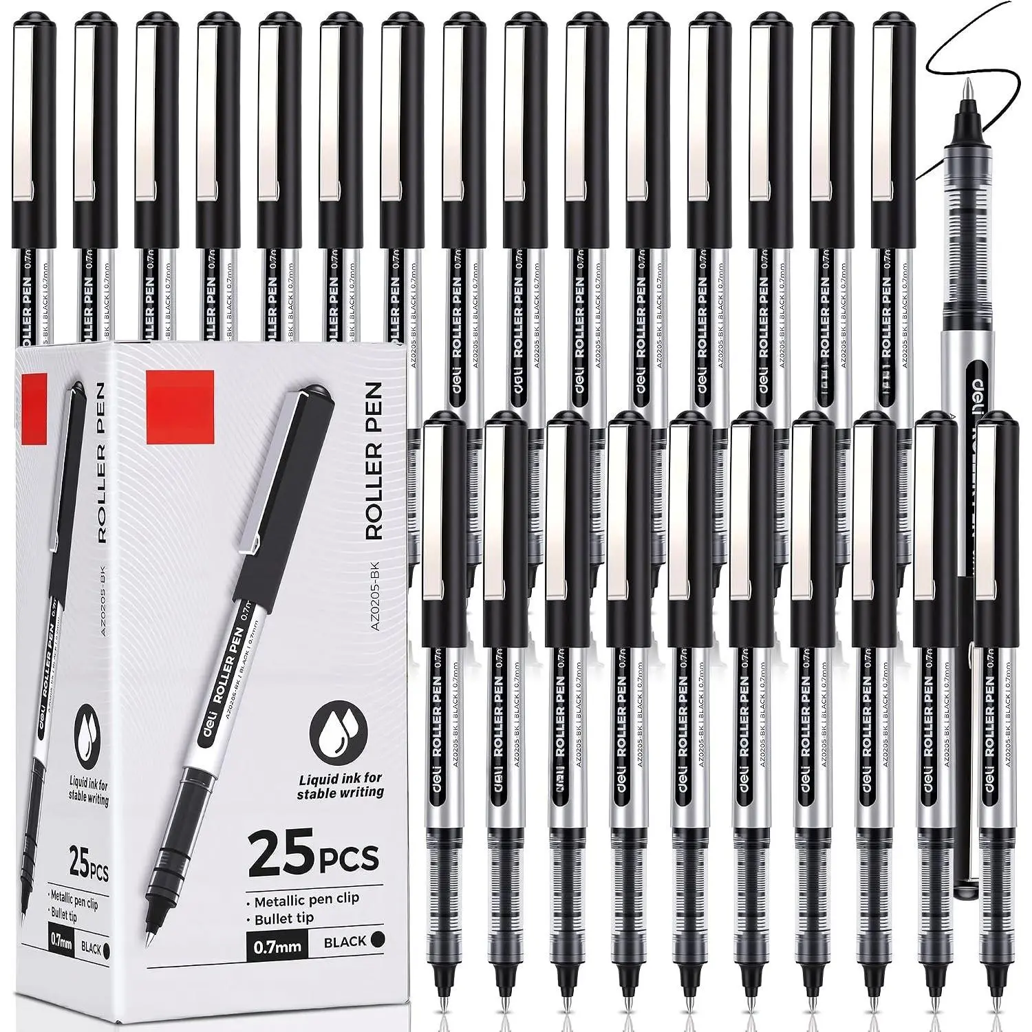 Rollerball Pens 0.7 mm Black Pens 25 Pack | Medium Point Liquid Ink Pens Quick Dry, Smooth Writing Pen for Journaling Note Taking Office School Supplies