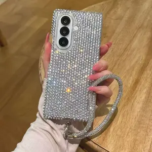 Compatible with Z Fold 7/6/5/4/3 | Anti-Scratch Foldable Phone Case, Shimmer Silver Glitter Shell Equipped with Durable Detachable Wrist Strap HNZ0042