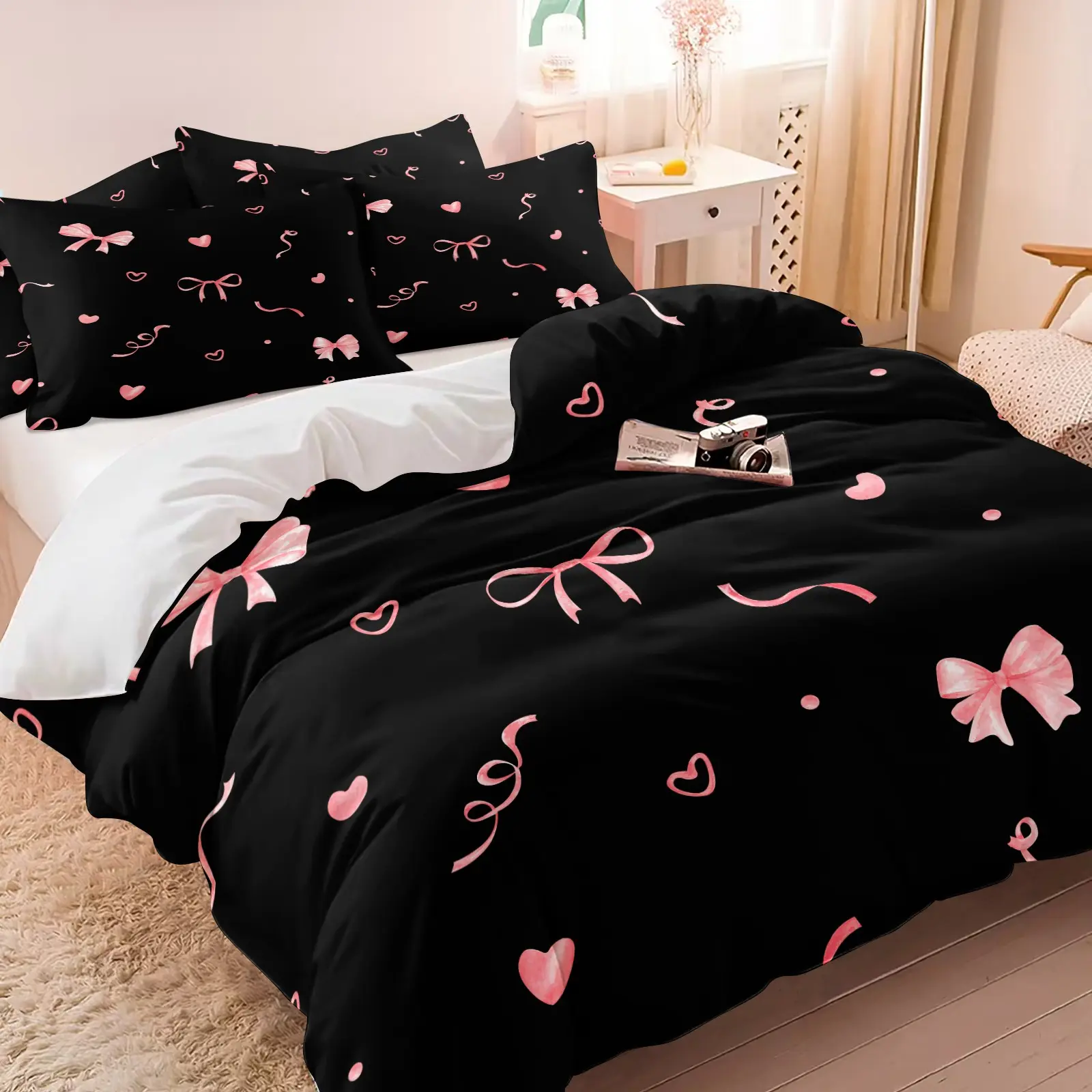 Pink Bow & Heart Print Duvet Cover Set, Trendy Preppy Bedding Set, Includes 1 Duvet Cover & 1-2 Pillowcases, No Filling, For Teen Girls Bedroom Dorm Room, Great Holiday Gift for Her