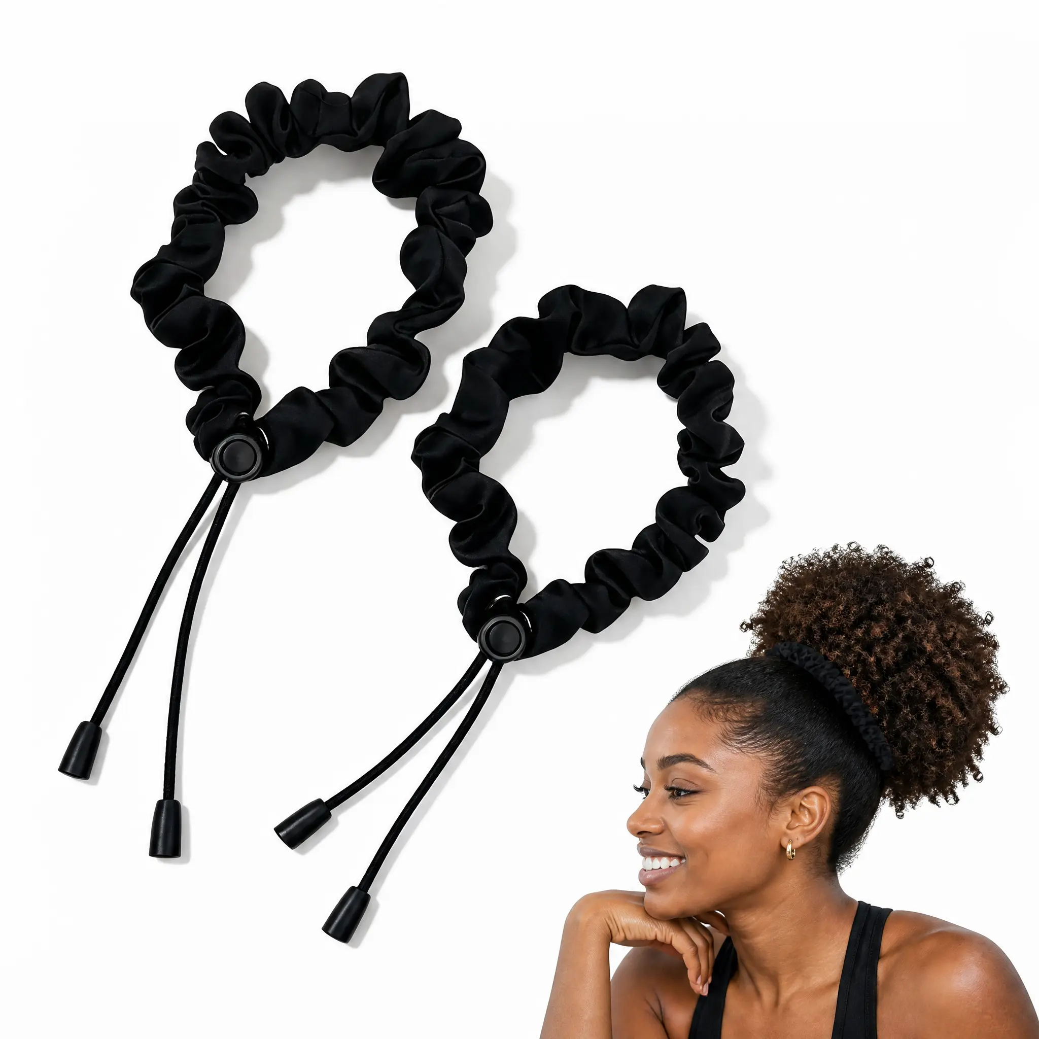 2 Pcs Adjustable Satin Hair Scrunchies, Soft Hair Ties for Thick Curly Hair, Afro Puff Ponytails, Natural 4c Hair Accessories for Women and Girls