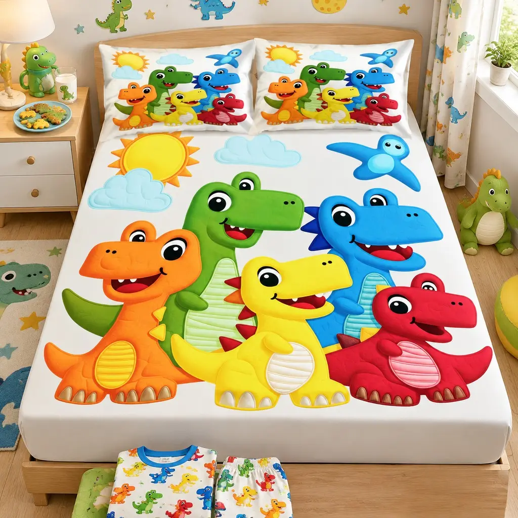 3Pcs Cartoon Dinosaur Fitted Sheet Set, Kids Bedding Set, 25cm Deep Pocket, Includes 1 Fitted Sheet + 2 Pillowcases (No Fillings), Holiday Gift for Friends, Suitable for Bedroom, Guest Room, Dorm, Hotel.