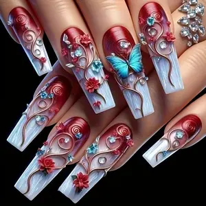 24Pcs Long Square Press-On Nails, Blue Butterfly Red Gradient Stylish Detachable Fake Nail Patches