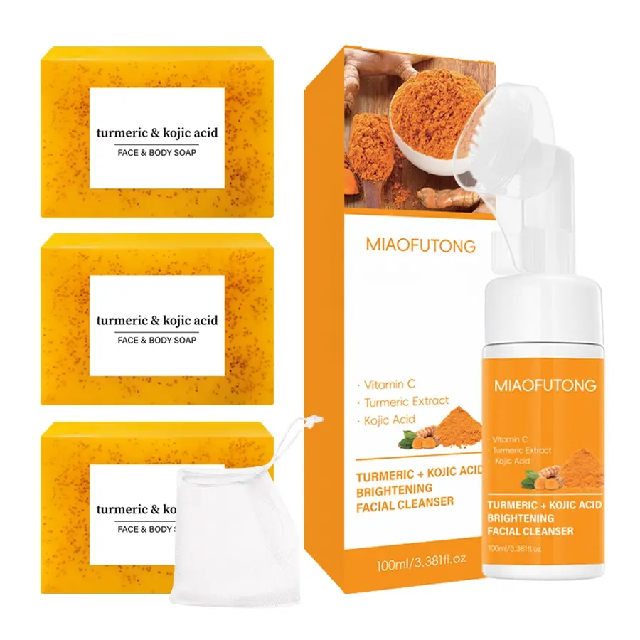 Turmeric Cleansing Set, including 3pcs turmeric soaps and 1 bottle of turmeric cleansing mousse, cleanses impurities from the body and facial skin, moisturizes and hydrates, brightens skin tone, suitable for all skin types