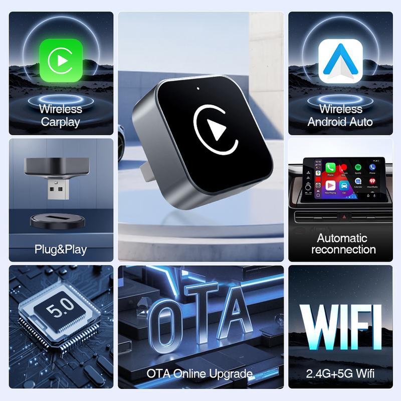 2-in-1 Wireless CarPlay & Android Auto Adapter, Plug & Play CarPlay Dongle Converts Wired to Wireless, Fast Auto-Connect, No Delay, Compact Design for iPhone & Android with USB/USB-C Port(Black)
