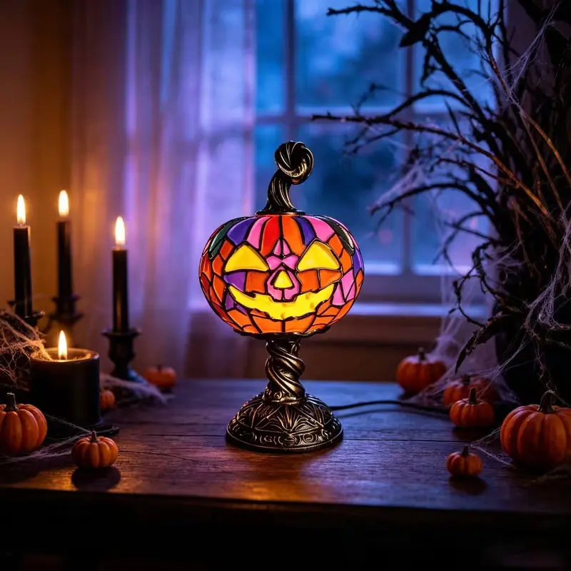 Creative mixed-color pumpkin-shaped lighting fixture. Made of resin material. Powered by USB. Suitable for indoor and outdoor display. Ideal for Halloween and Christmas gifts.
