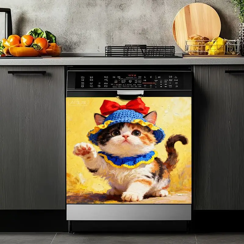 2D Flat 2Pcs Cute Cat Dishwasher Sticker Waterproof Appliance Cover Decal with Kitten in Blue Hat Design Removable Self-Adhesive Art Decoration for Kitchen Washing Machine Refrigerator Laundry Mat Pad