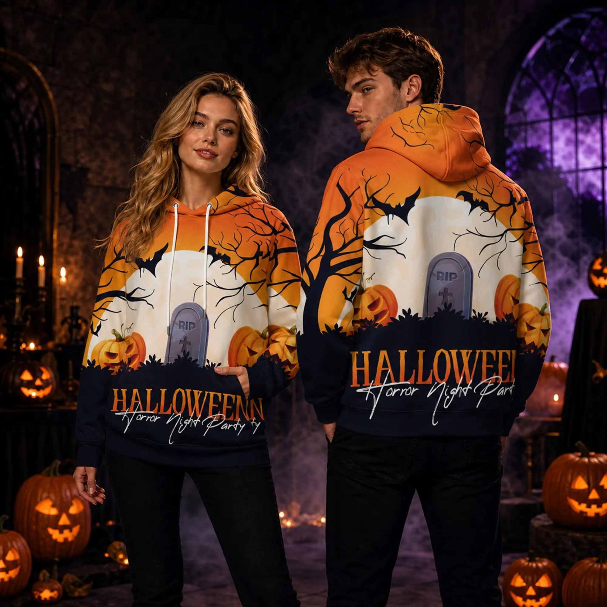 Halloween Pumpkin Hoodie for Men Women, Spooky Graphic Pullover Hoodie, Dark Horror Pumpkin Print Sweatshirt, Fall Autumn Streetwear Hooded Sweatshirt, Halloween Party Outfit, Casual Long Sleeve Top, Creepy Night Theme Hoodie for Costume Season and Daily