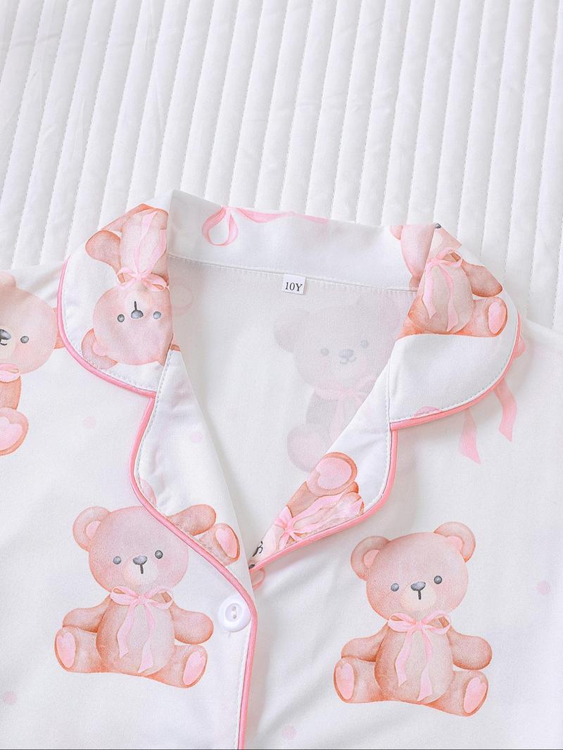 Girl's Bow Print Top & Shorts Pyjama Sets, Cute Casual Comfy Short Sleeve Top & Shorts Set, Kids Sleepwear for Summer, Pajama Set