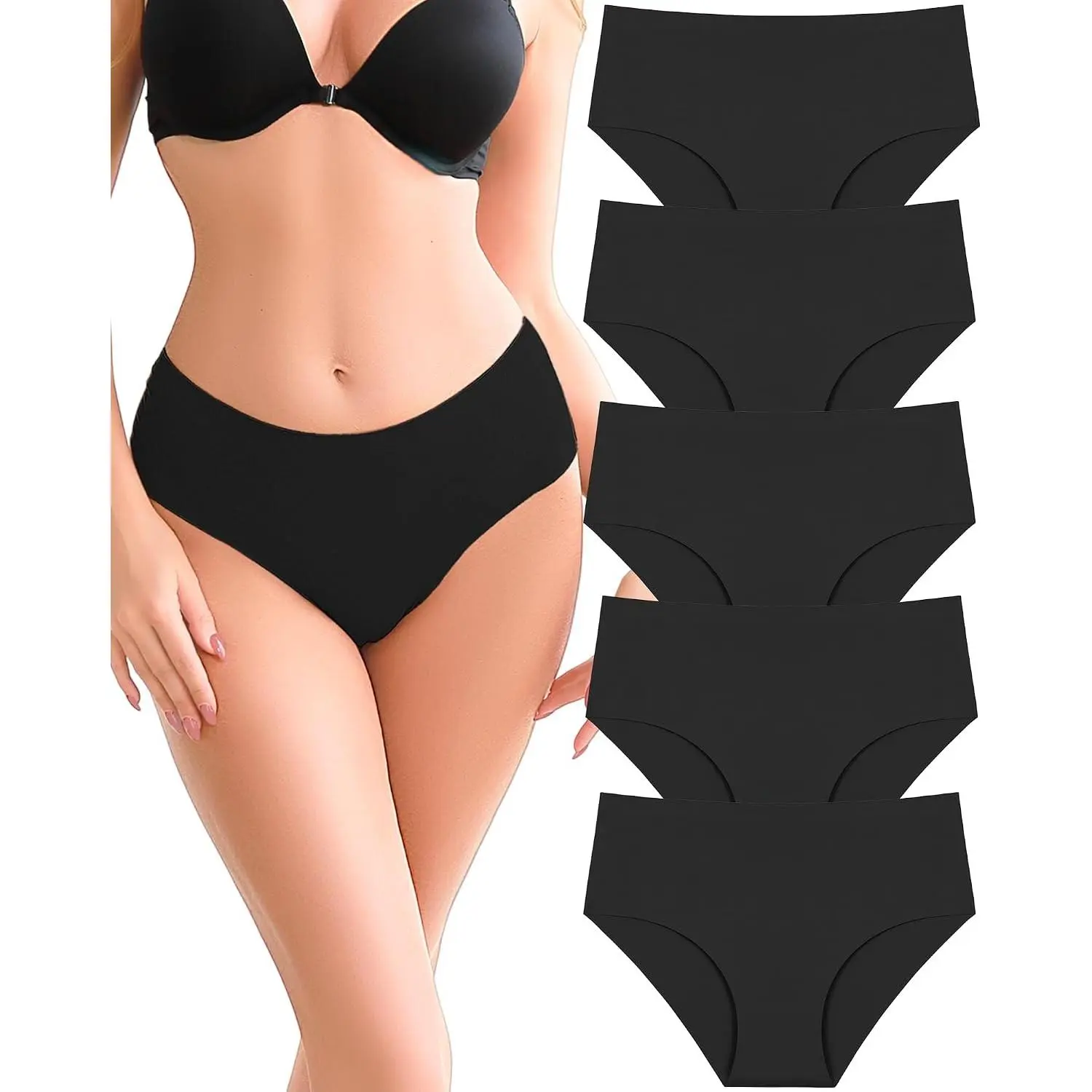 Womens Seamless Cheeky Plus Size Panties 5 Pack - No Show Mid Rise Brief, Invisible Under Dresses & Leggings, Comfortable Soft Fast Drying Everyday Lingerie Underpants