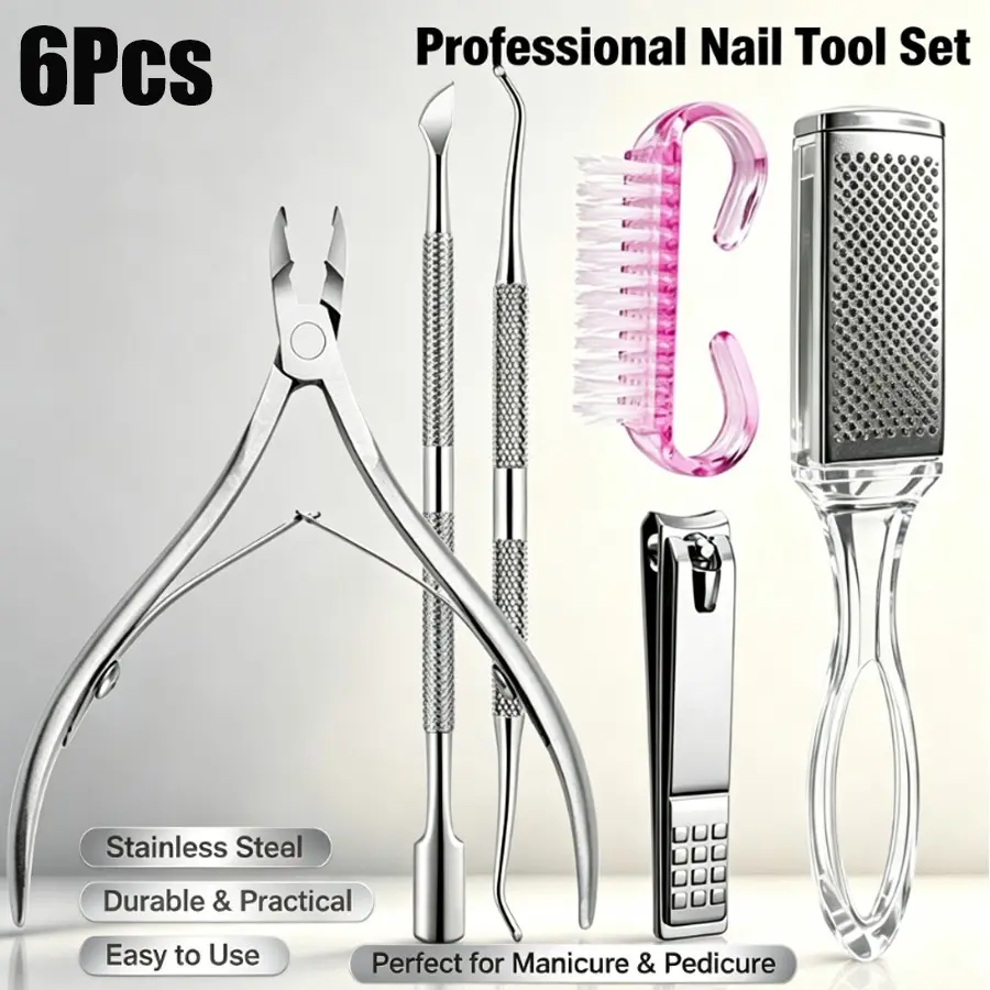 6pcs Stainless Steel Manicure Pedicure Kit, Nail & Foot Care Tools, Cuticle Nipper, Foot File, Cleaning Brush, Home Spa Use