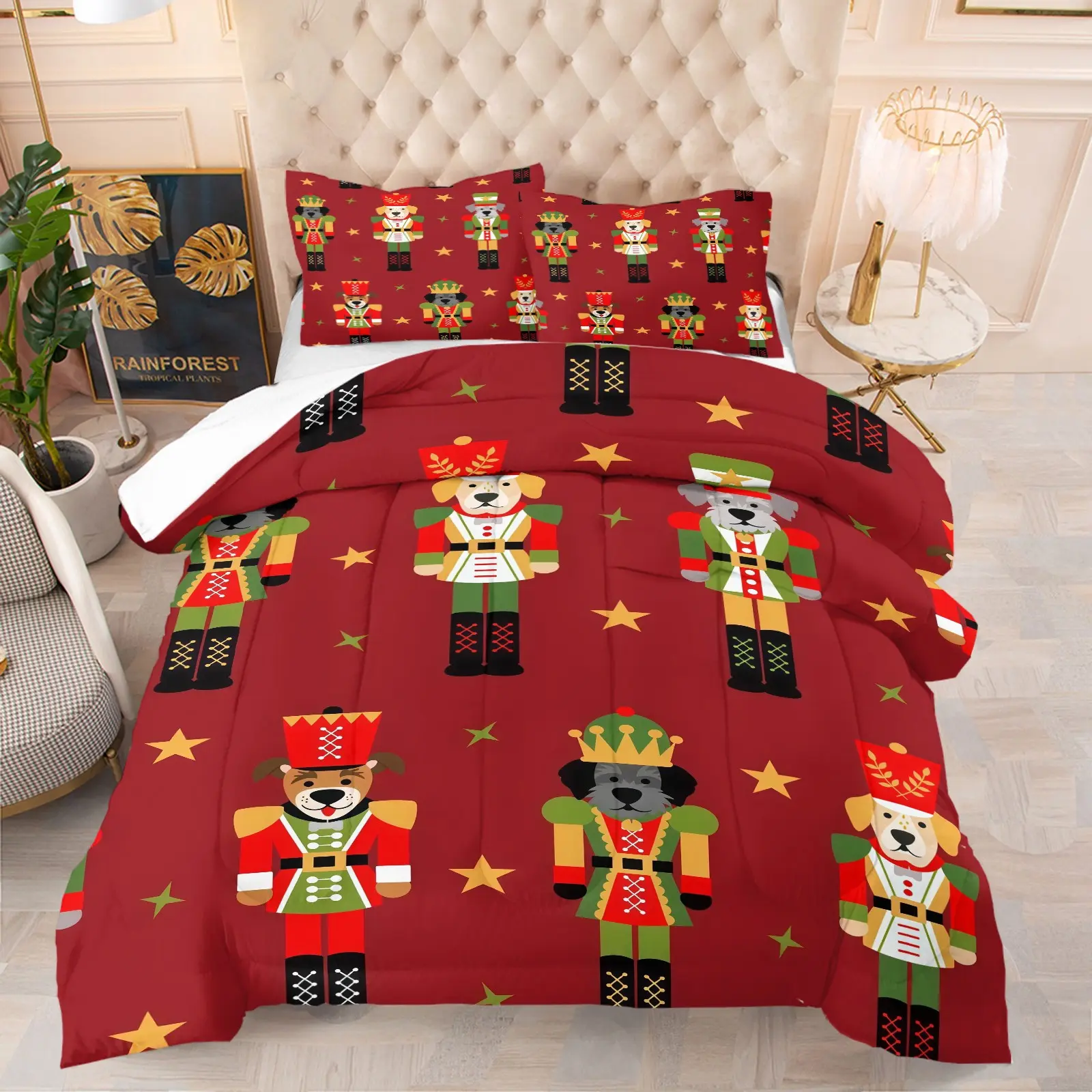 Christmas Dog Nutcracker Print Bedding Set, Soft Red‑Background Cartoon Puppy Soldier Bedding for Adult Bedroom Decor, Ideal Holiday Gift for Family & Friends, 1 Comforter + 1 or 2 Pillowcases (Pillow Inserts Not Included), Printed Bedding Set