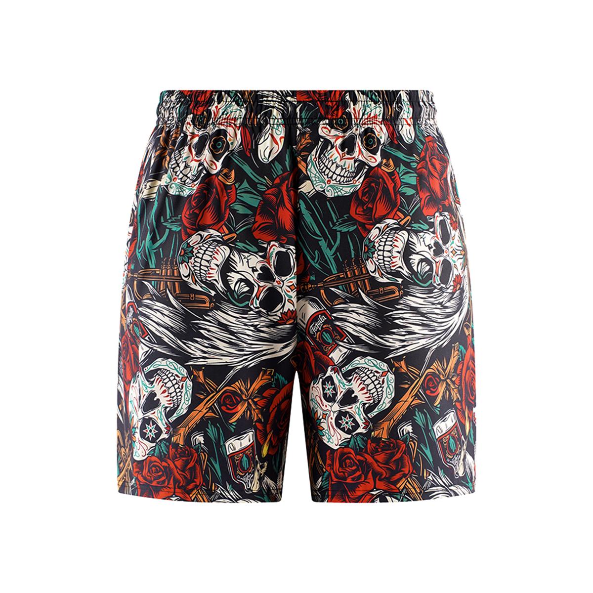 Statement Bold Mens 2 Pack Skull Print Swim Trunks Loose Fit Drawstring Beach Shorts for Vacation Wear and Summer Events