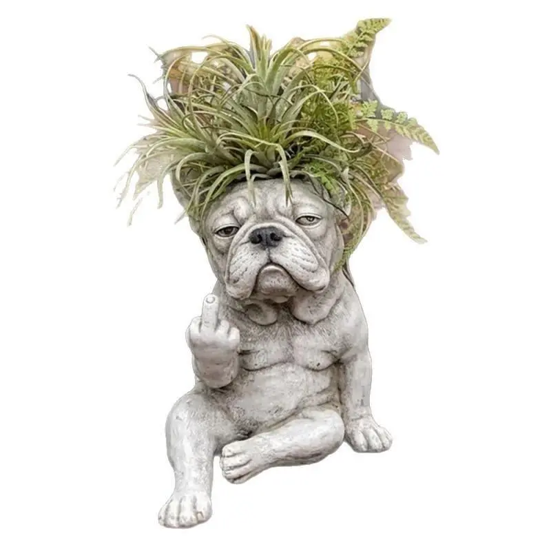 Cute and charming planters in green, new resin form of a bulldog-shaped flower pot, dog sculpture pot plant container, lightweight and durable, suitable for indoor and outdoor placement, suitable for planting green plants on desks, balconies, and garden t