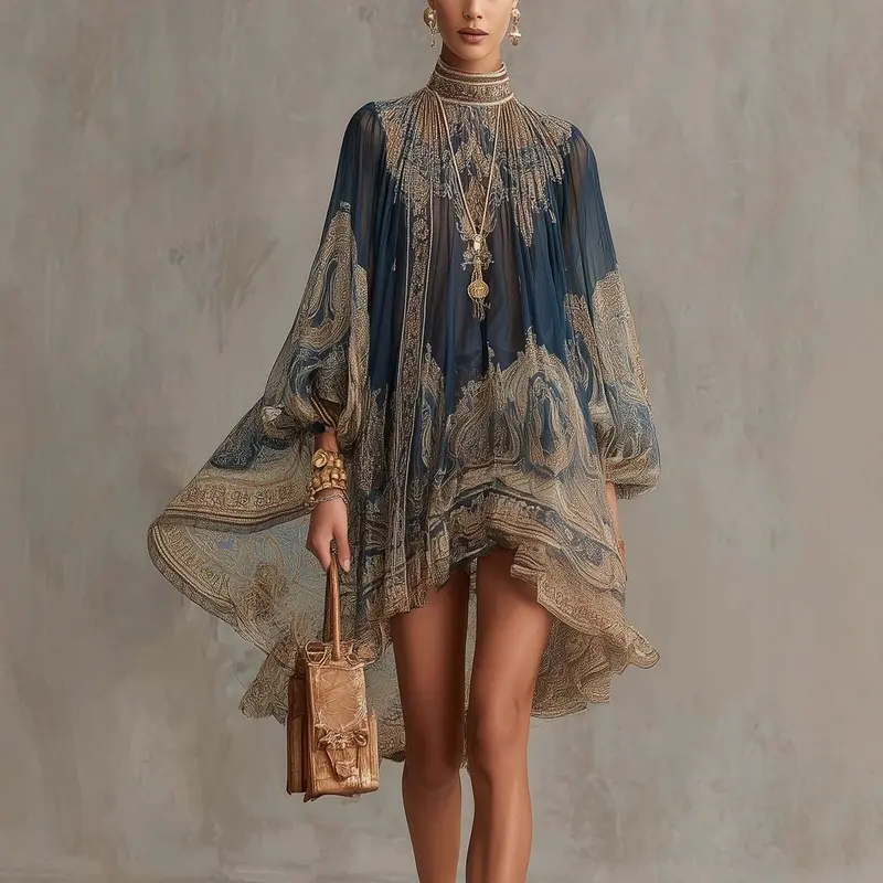 Women's Vintage Dress High Collar Printed Chiffon Dress Loose Vacation Style Shawl Long Sleeve Women's Dress