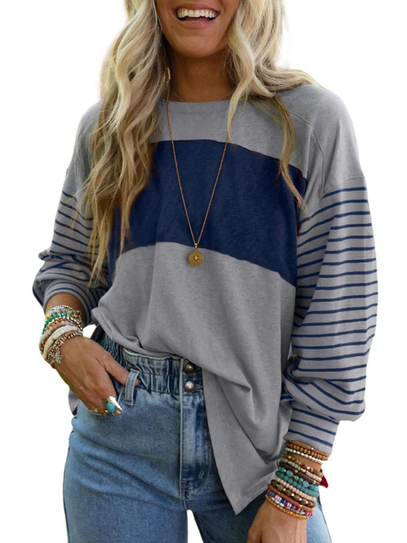 【Plus Size】 Striped Crew Neck T-shirt, Casual Long Sleeve Top for Spring & Fall, Women's Plus Size Clothing for Daily Wear