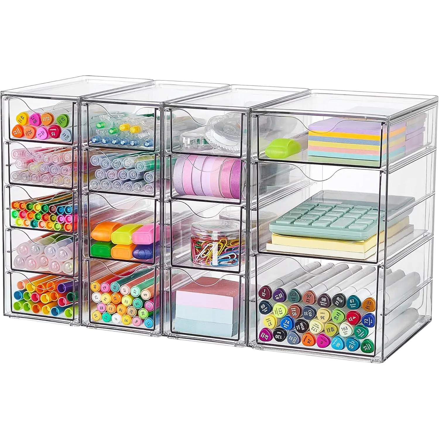 4 Set Clear Desk Organizer, Pen Organizer with 16 Drawers, Acrylic Desktop Organization and Storage for Office Supplies, Pen, Makeup, Art Craft, Jewelry