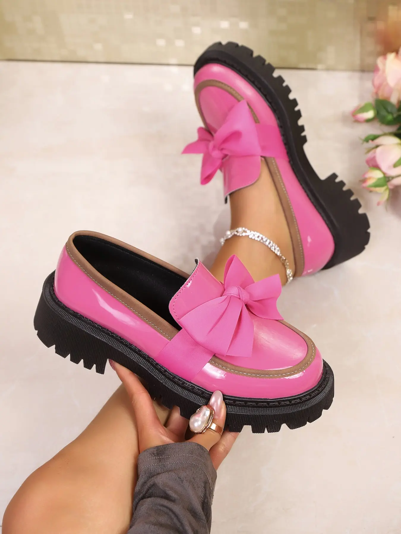 Women's New Round Toe Thick Sole Loafers, Simple Bow Design, Casual PU Leather Shoes, Spring & Fall, Perfect for Commute and Daily Wear