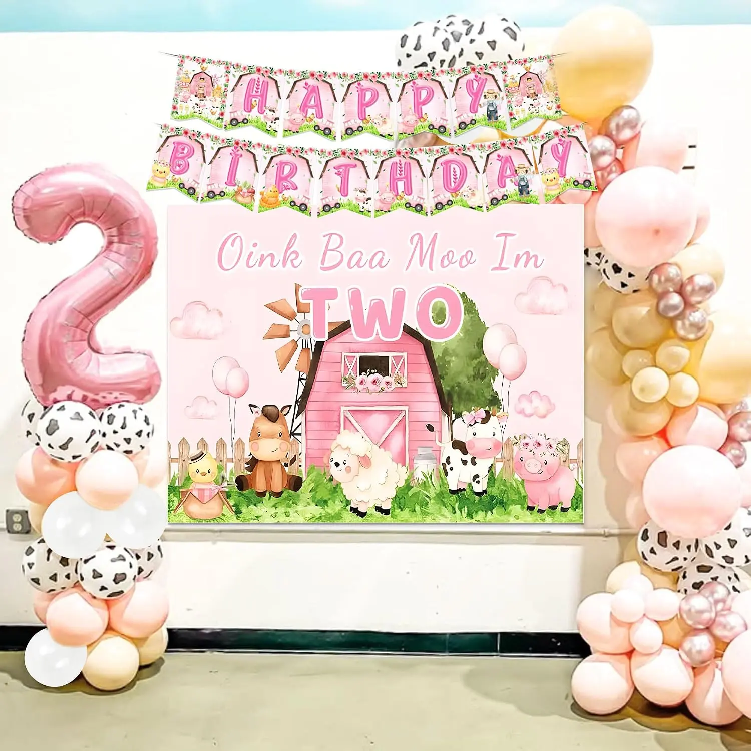 Pink Farm Animal 2nd Birthday Decorations & Supplies Kit for Girls - Oink Baa Moo Theme Includes Banner, Backdrop, Balloons (Festive Party Essentials)
