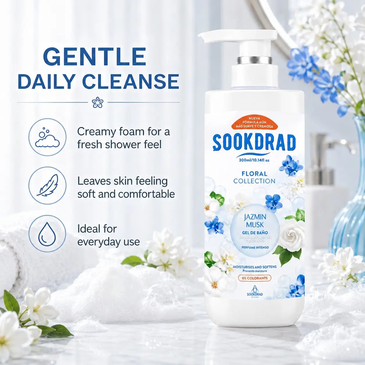 Bath and Shower Gel, Jasmine Musk, intense fragrance, 0% colorants, moisturises, softens, daily body care, 300ml