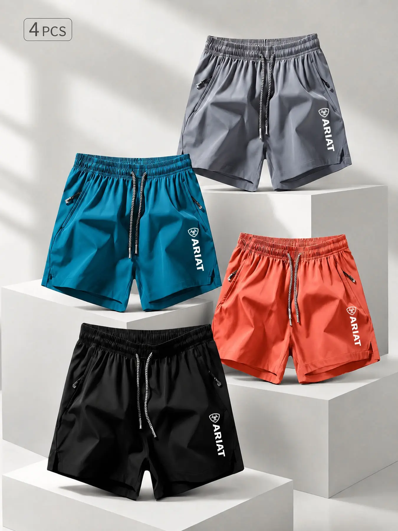 Men's Quick-Dry Sport Shorts Set, Gym Training, Outdoor Running, Beach Vacation, Logo Print, Breathable Fabric, Zip Pockets, Unisex