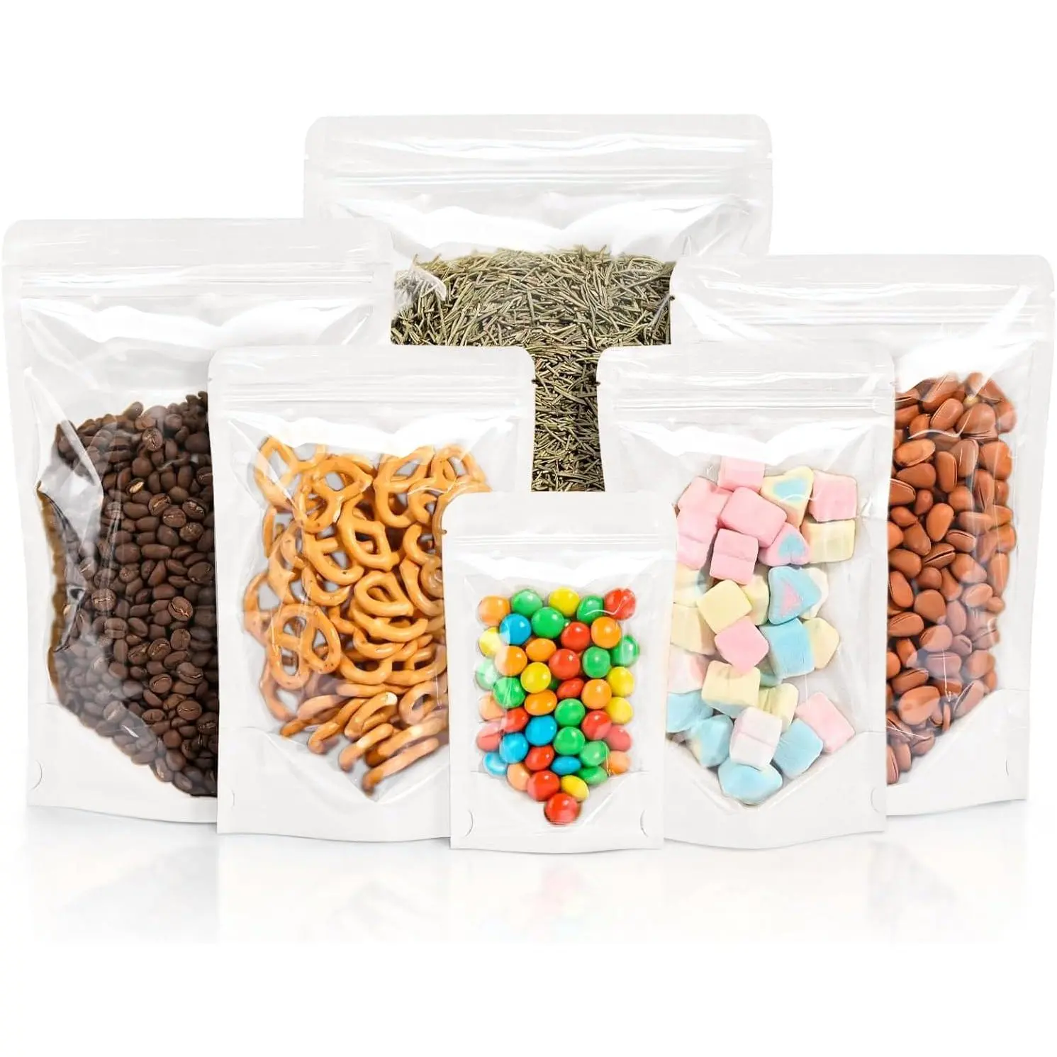100 count Stand Up Pouches,3.5"x5.5" Paper Bags With Window Clear Front Pouches Resealable Zipper  Storage White