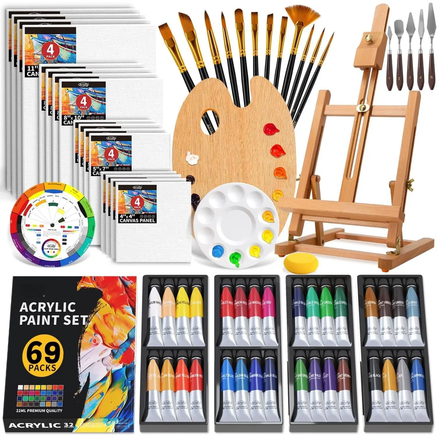 Unisex Complete Canvas Painting Kit - 62-Count, 32 Colors (22ML), Table Easel, Brushes, Canvas - Art Supplies for Beginners