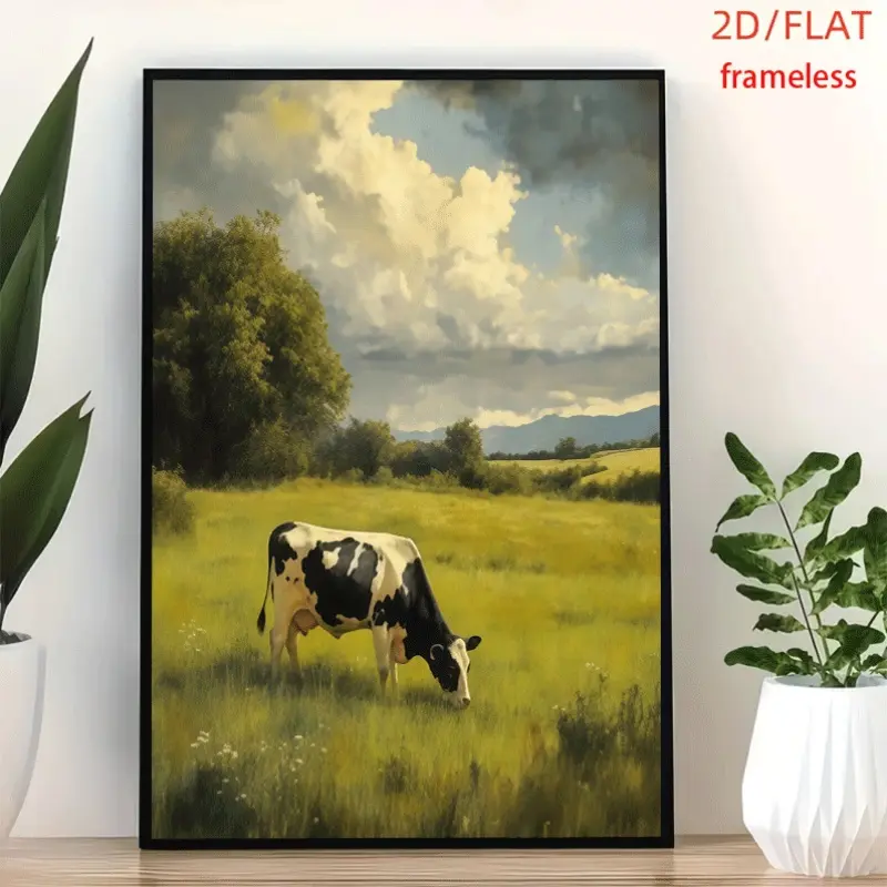 frameless Rural Pasture Cow Grazing Fresh Grass Art Decor Print Poster, Wall Art for Living Room, Bedroom, Office, Dining Room & Bar, Perfect Gift & Home Decor, 12in x 16in
