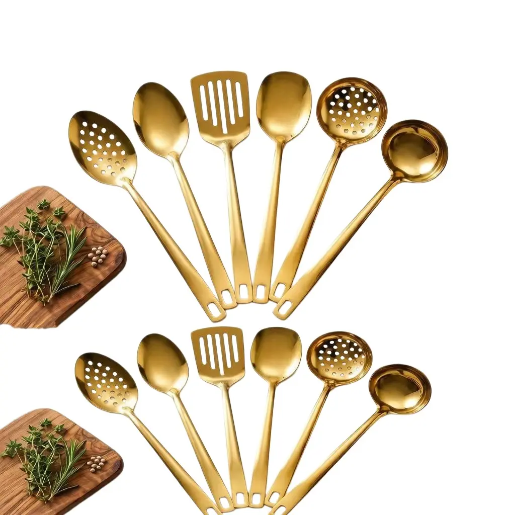 Luxury Stainless Steel Kitchen Utensils Set, 6-Piece Long Handle Spoon Fork Strainer Fryer Tool Kit, Home Cooking Kitchen Tools