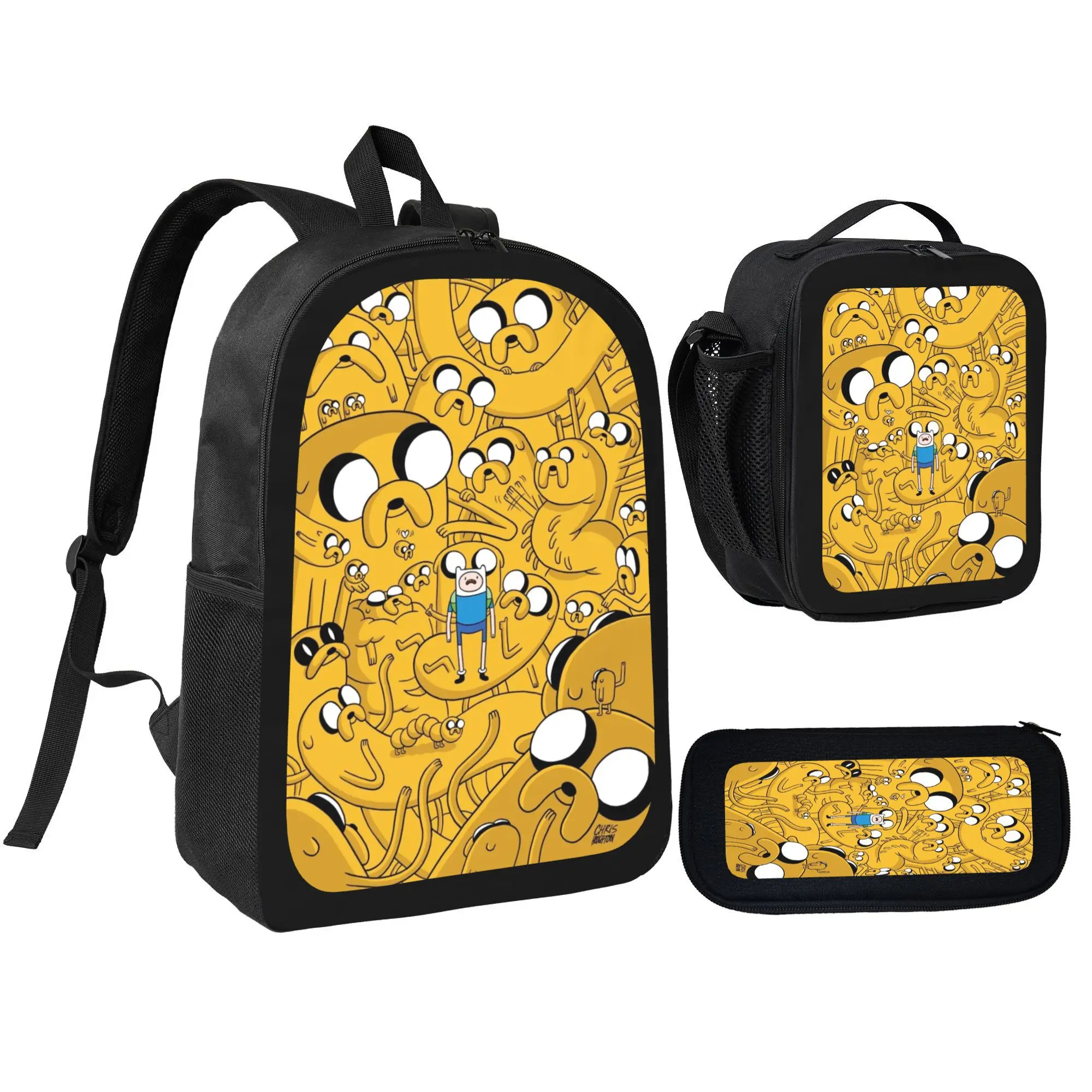 3-Piece Adventure Time5 Anime Print Backpack Kit, Unisex Student Bookbag Includes Lunch Bag & Pencil Box, Casual Daily Sports Backpack Gift for Youth
