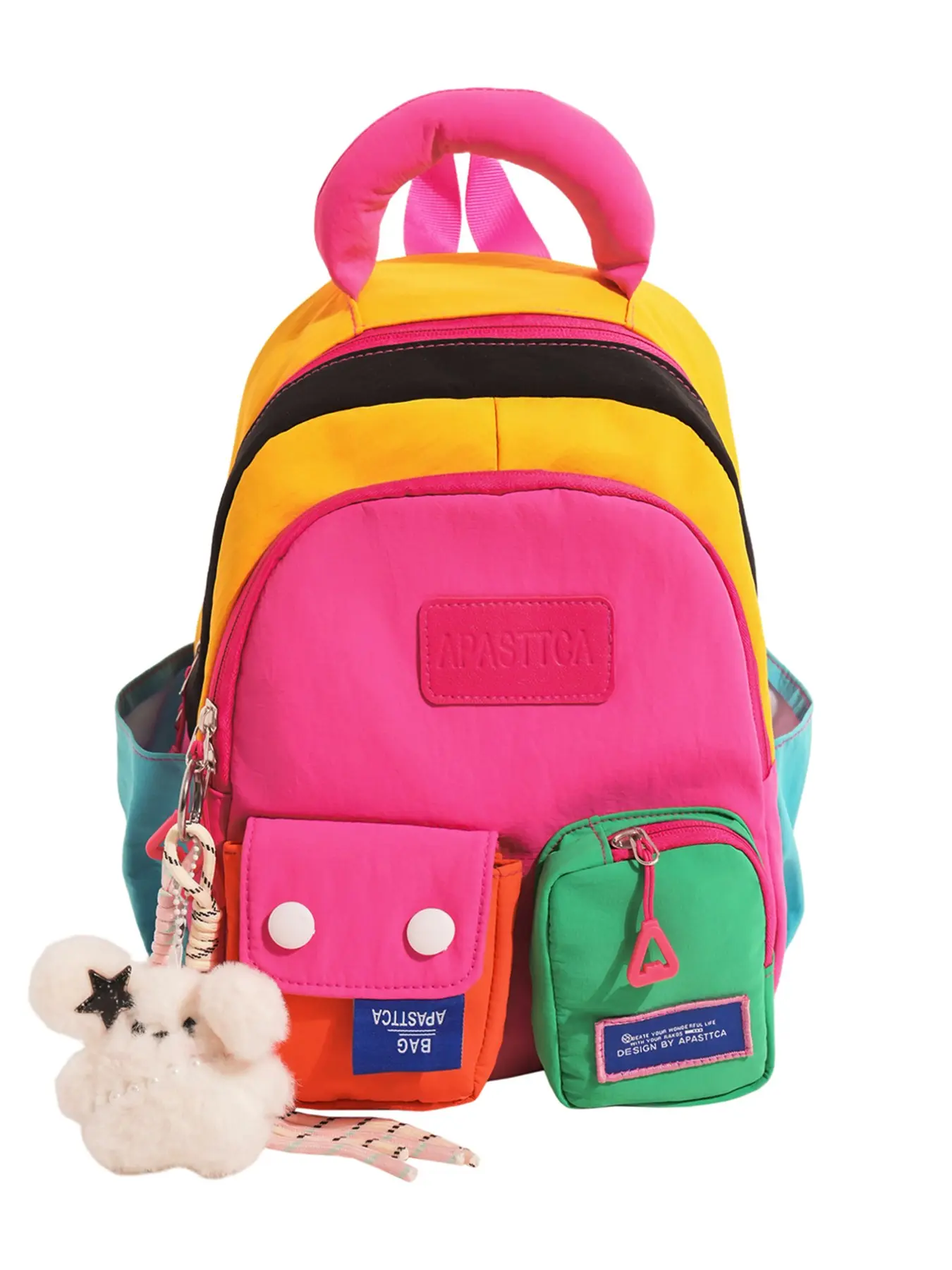 Dopamine Color Block Mini Backpack, Multi-Pocket Waterproof Nylon School Bag, Lightweight Travel Backpack with Plush Keychain